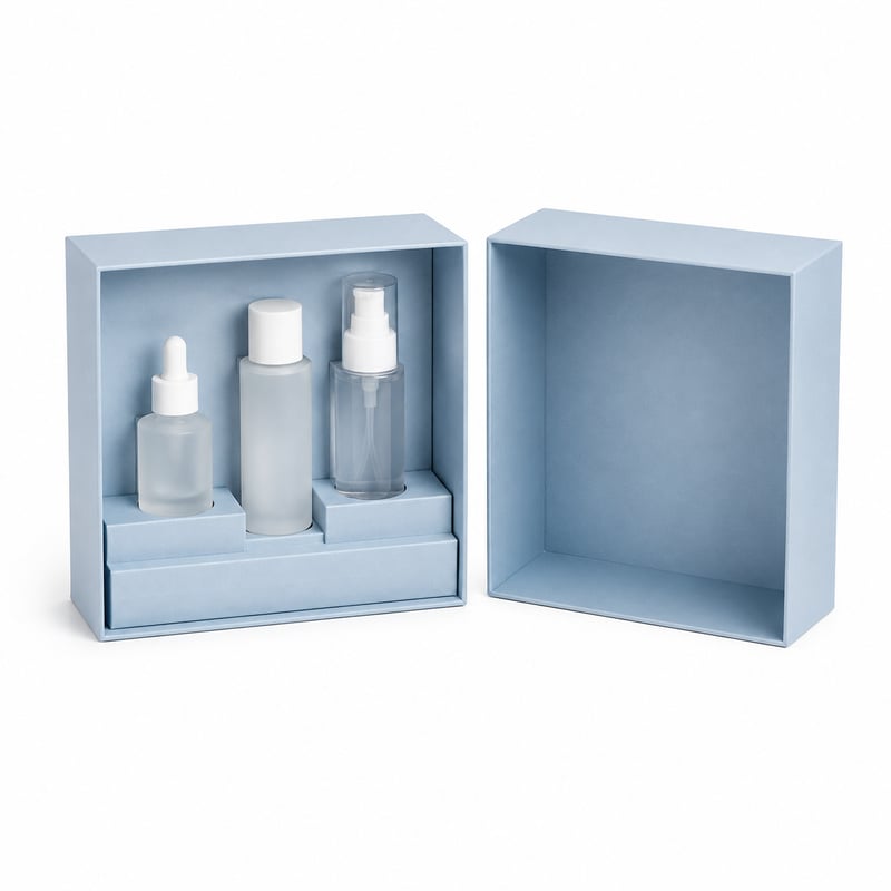 Caja con tapa y base para trío de cuidado de la piel